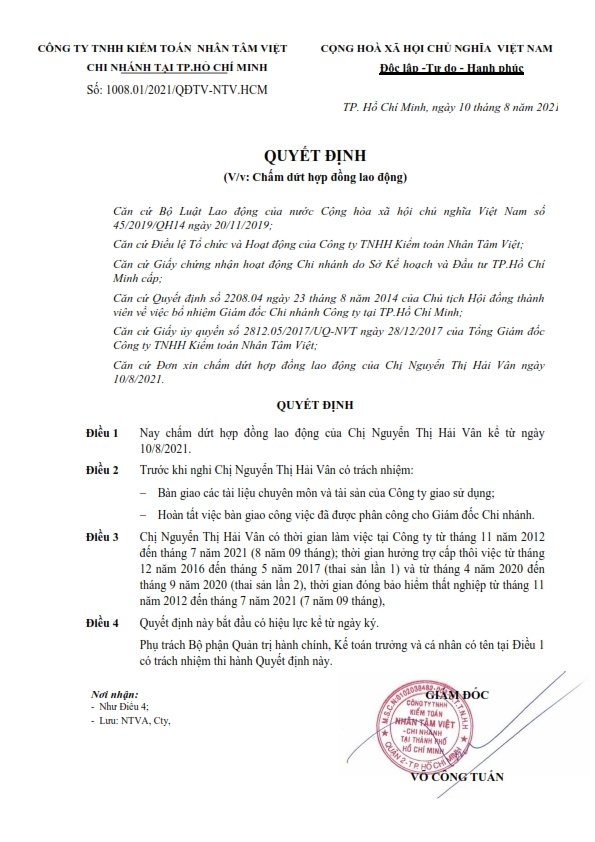 Thông báo giảm kiểm toán viên đăng ký hành nghề (Nguyễn Thị Hải Vân)